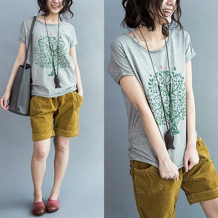 Gray cotton summer t shirts short sleeve blouses tops tree and peace