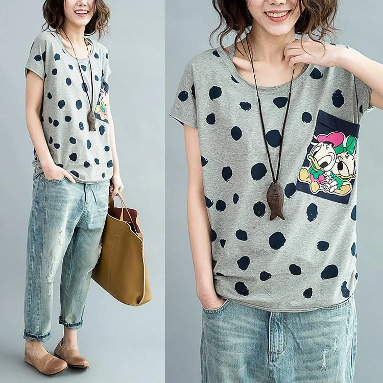 Gray cute duck pocket dotted cotton t shirts casual plus size blouses