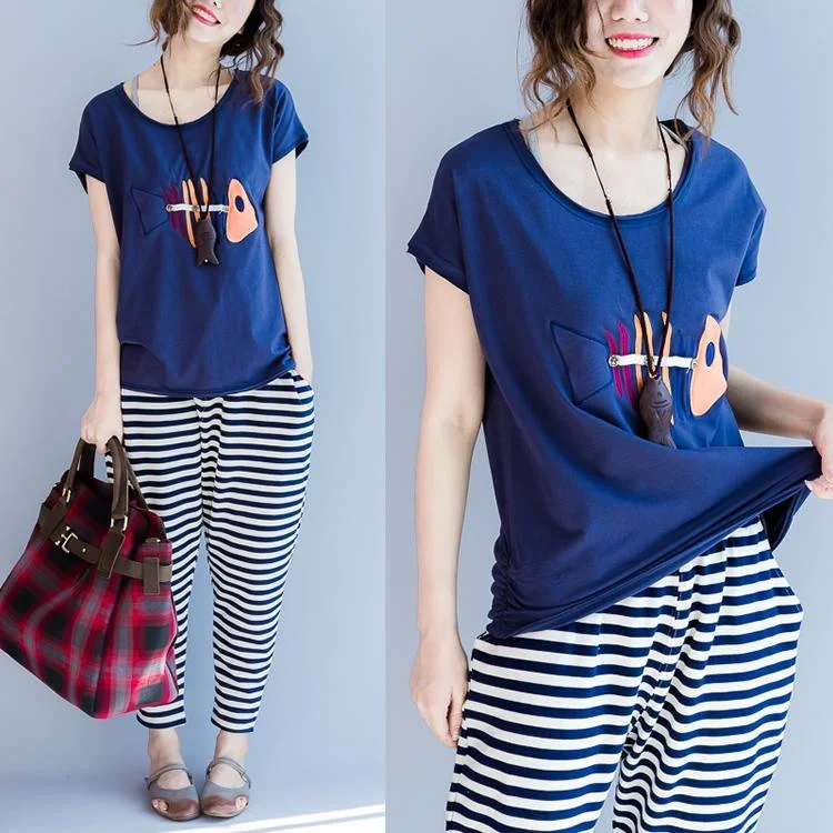 Navy fish print blouse summer shirts oversize tops