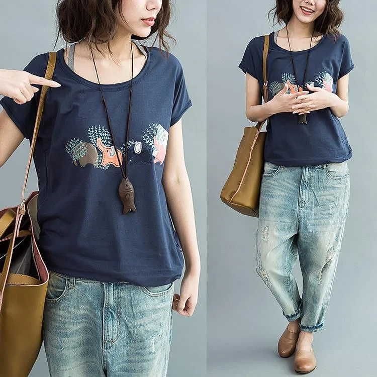 Navy summer short sleeve cotton shirts plus size tops the joyful elephant family