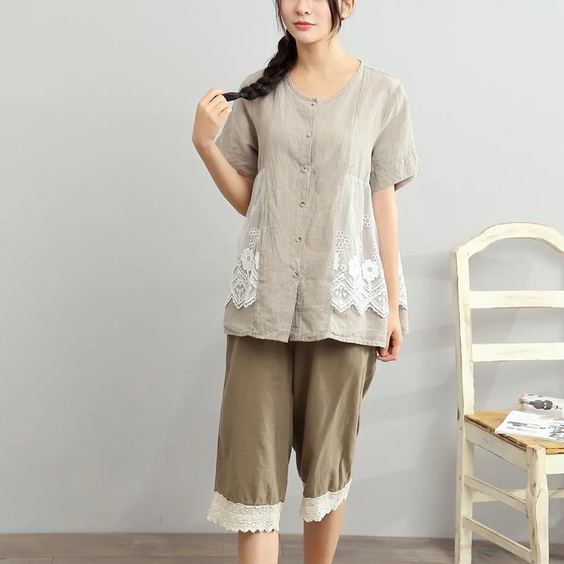 new gray summer linen dress embroidery floral loose blouse short sleeve t shirt