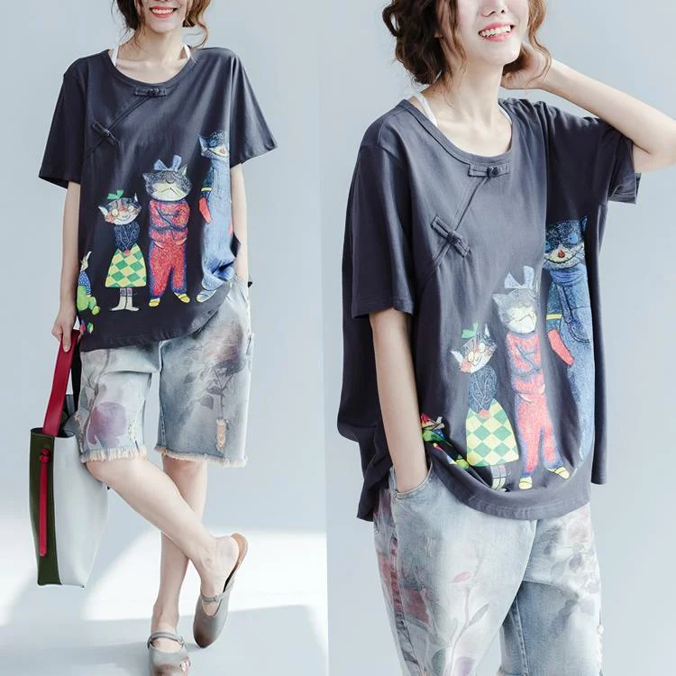 the happy cat family Gray cotton shirts plus size woman summer oversize blouses cotton tops