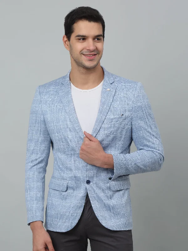 Blue Checkered Full Sleeves Casual Blazer For Men