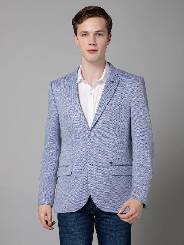 Blue Self Design Full Sleeves Casual Blazer For Men