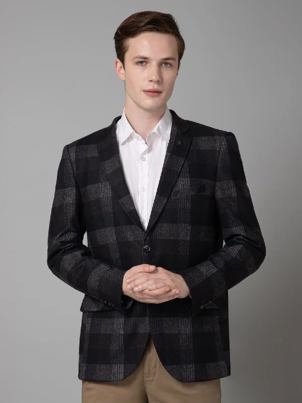 Dark Grey Brushed Checkered Full Sleeves Casual Blazer For Men