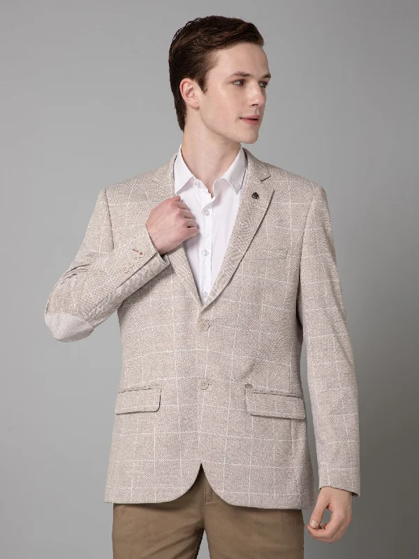 Fawn Checkered Full Sleeves Casual Blazer For Men