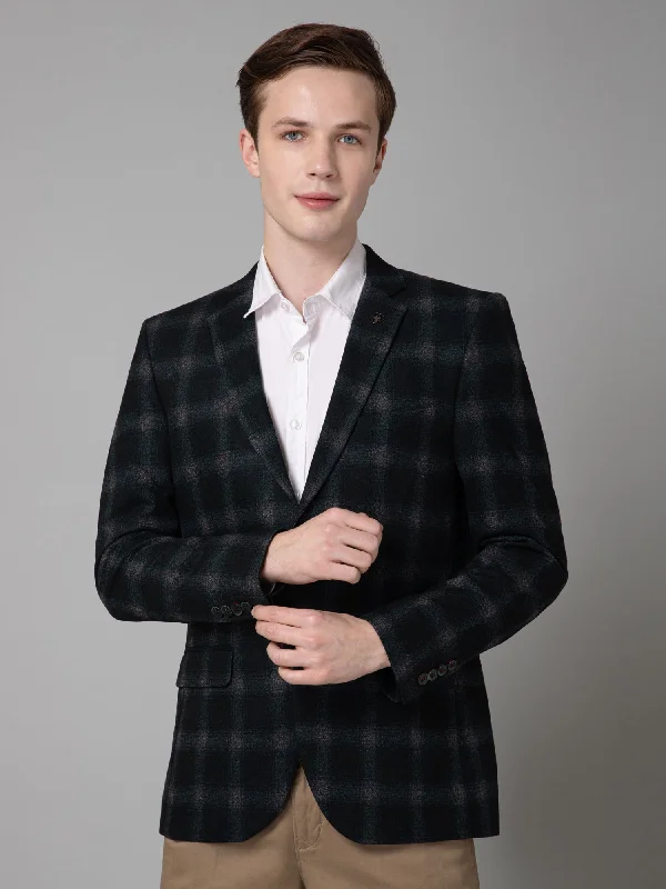 Green Checkered Full Sleeves Casual Blazer For Men