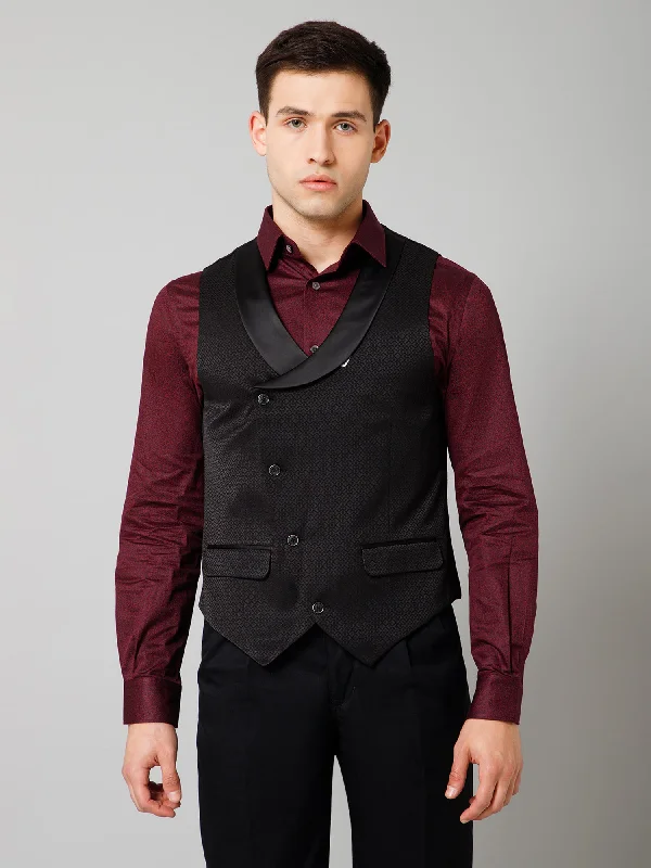 Men Black Self Design Casual Shawl Lapel Sleeveless Waist Coat