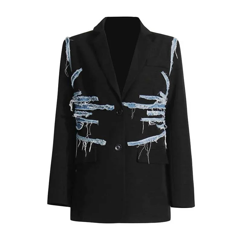 Women's Black Jacket Whisker Embellished Blazer with Pockets