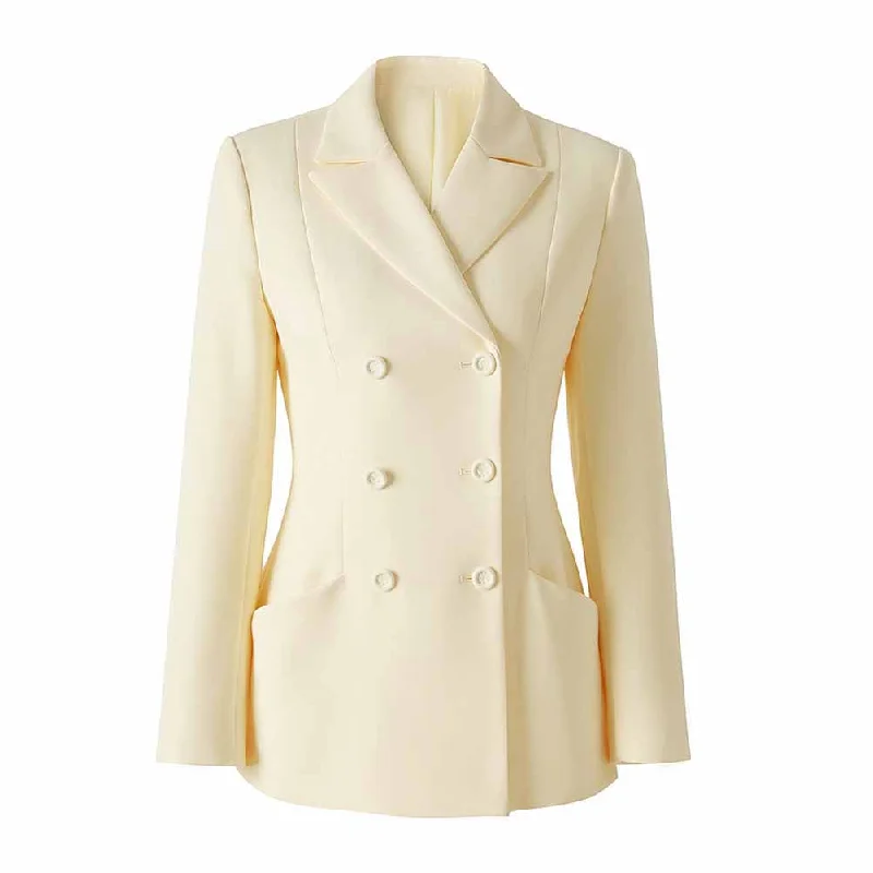 Women's Ivory Coat Double Breasted Buttons Luxurious Y-shaped Lapel Blazer Jacket