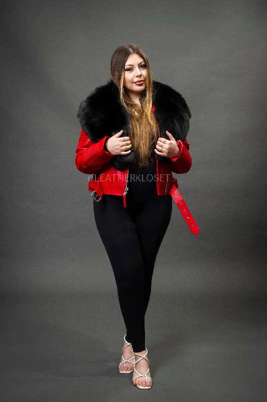 Women's Trey Biker Red Oversized Fox Collar [Black Fox Fur]