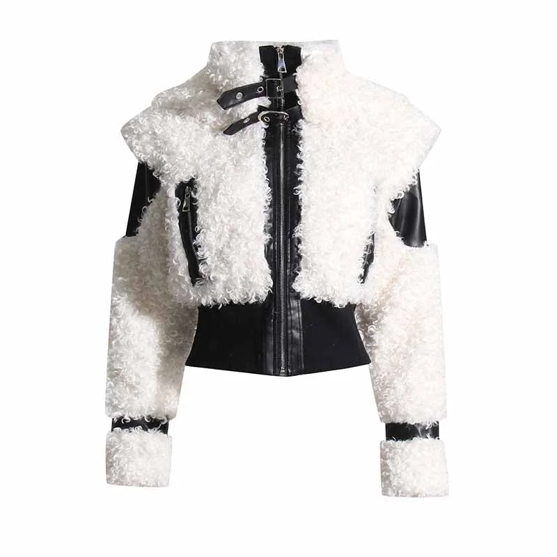 Women's Winter Coat Spliced PU Leather and Lambwoolen Outwaer Coat