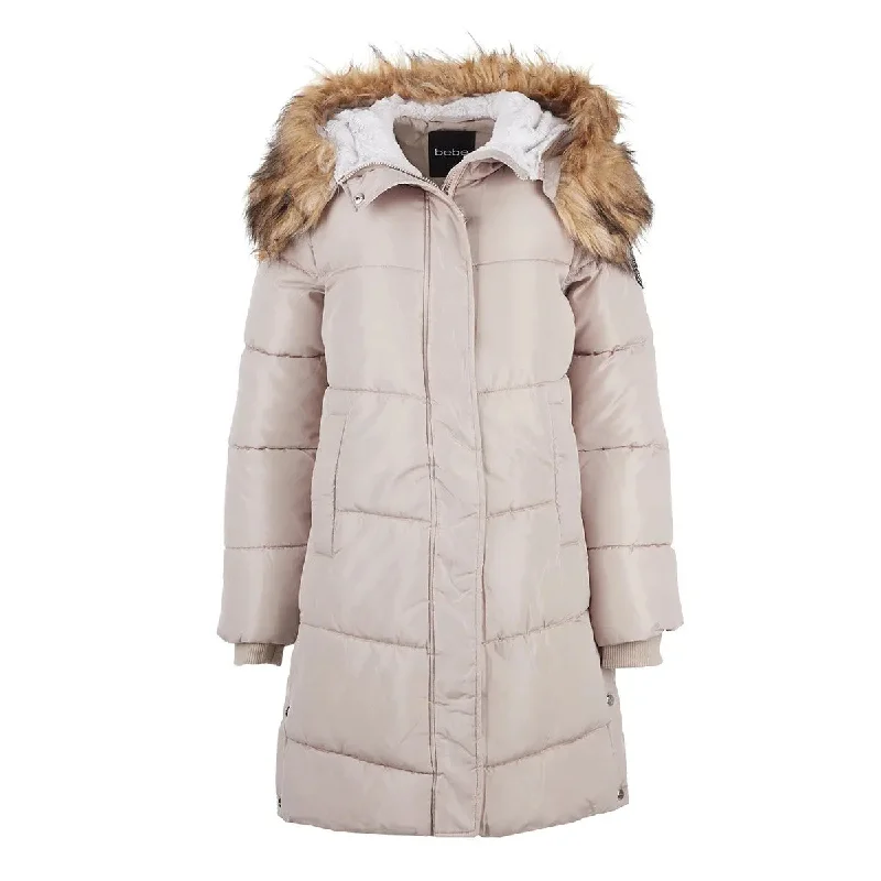 Bebe Women's Long Puffer with Faux Fur Trim Hood