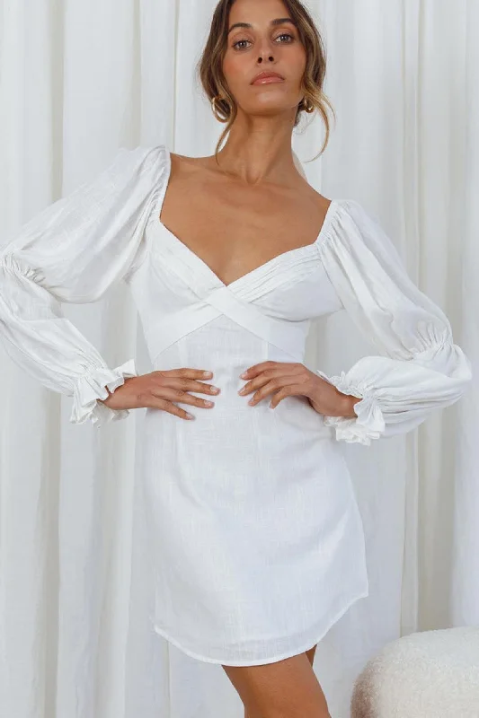 Corina Pleated Bust Long Sleeve V-Back Dress White