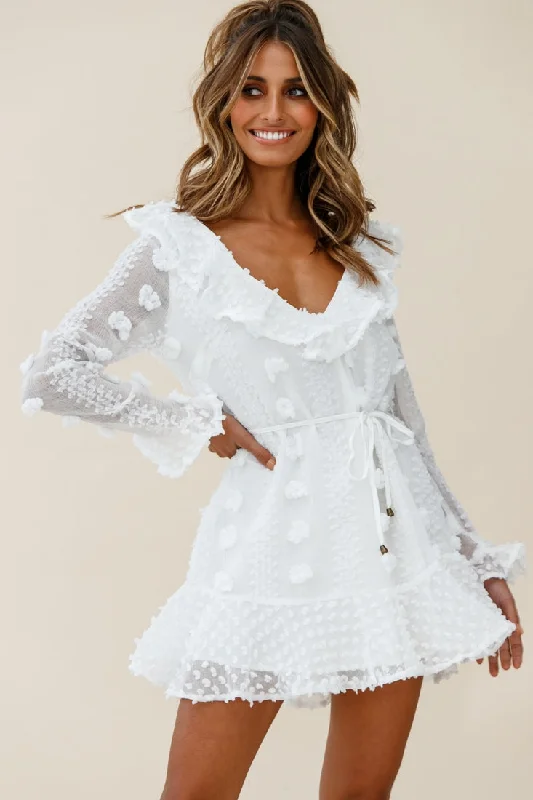 Georgie Long Sleeve Frill Neckline Embellished Chiffon Dress White