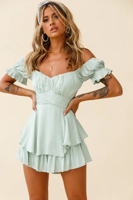 Linka Off-Shoulder Tie Back Romper Pistachio