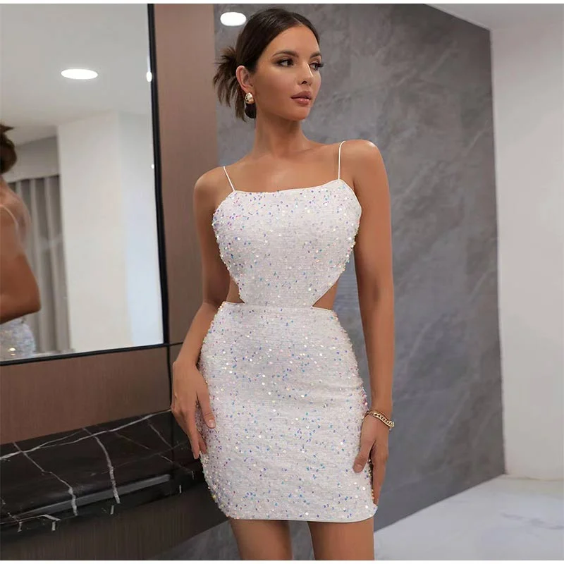 FashionSierra - Bright Sequin Backless Slip Slim Hollow Out Party Dress