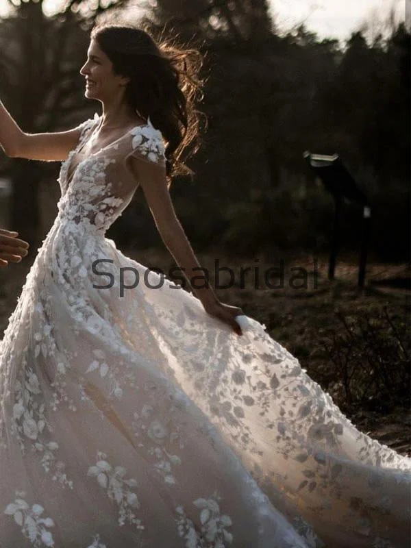 A Line Ivory V-Neck Country Beach Wedding Dresses with Appliques WD0533