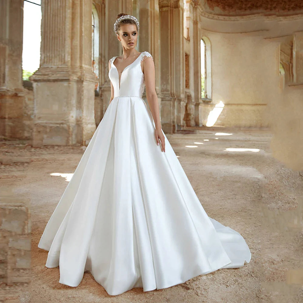 Satin Wedding Dress New Arrival Cap Sleeve V Neck Beading Belt Illusion Back A Line Vestido de novia Bridal Dresses